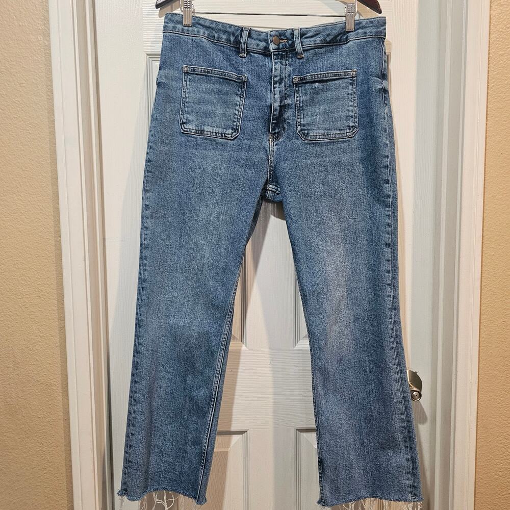Zara Straight Leg Jeans Size 14 Blue Denim Patch Pocket Raw Hem - Picture 3 of 7